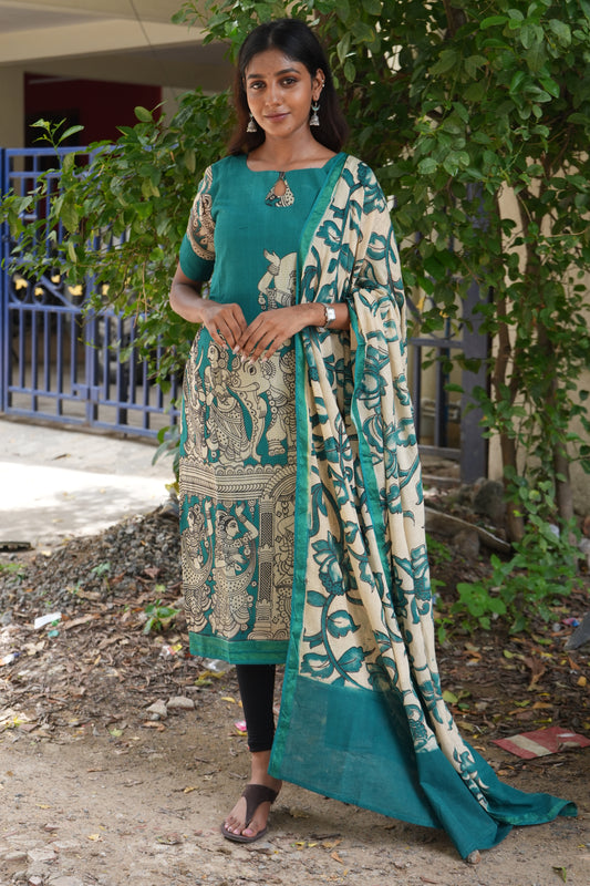 Ajrakh Kalamkari Pure Kota Cotton Kurta Set with Dupatta