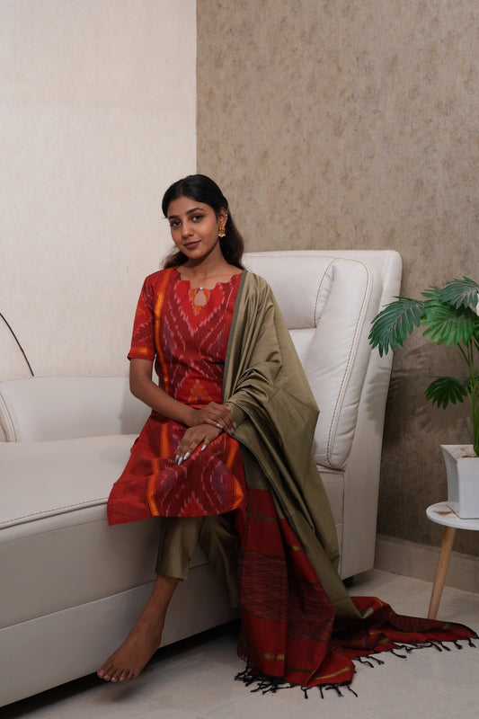 Pochampally Ruby Bloom 3-Piece Kurta Set with Dupatta