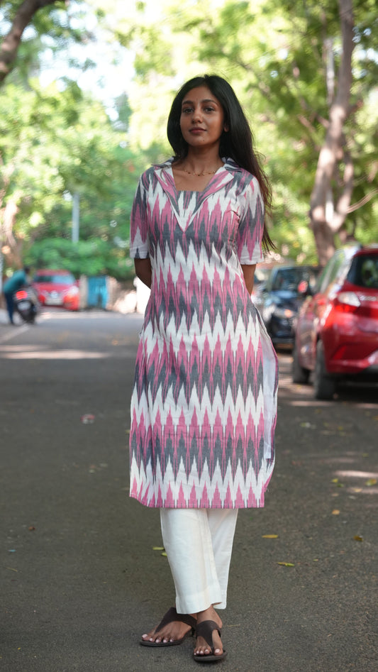 Pink Ikat Collar Kurti