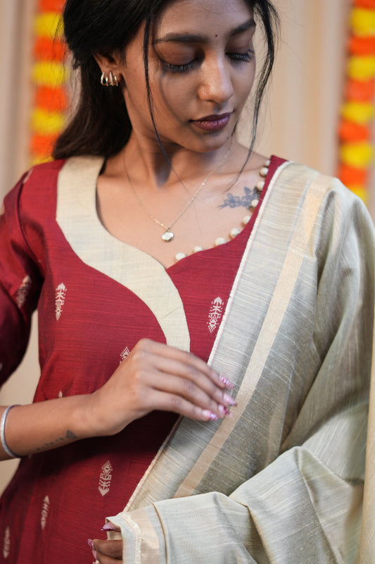 Raw Silk Party Wear Kurti Set with Dupatta