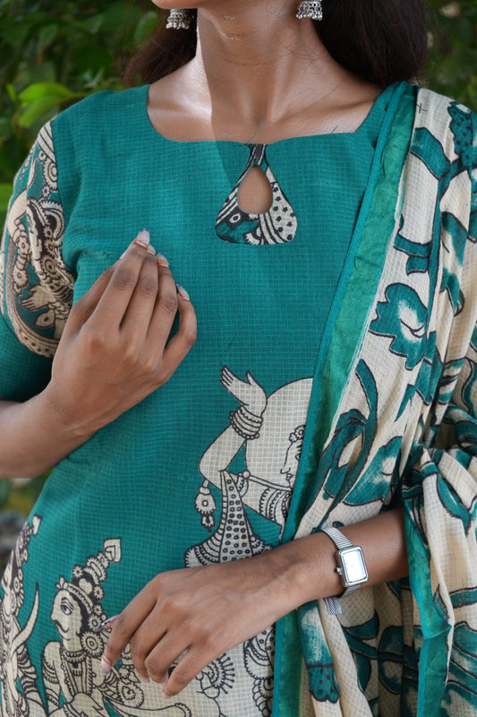 Ajrakh Kalamkari Pure Kota Cotton Kurta Set with Dupatta