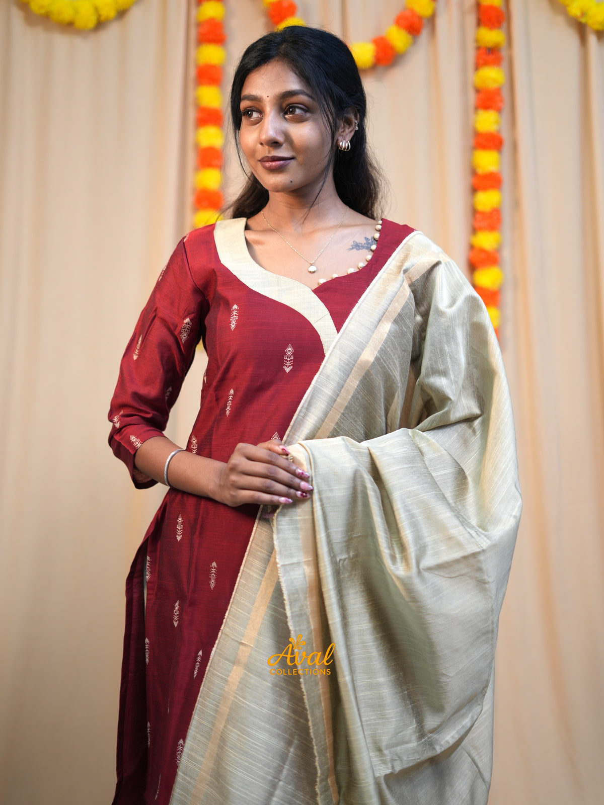 Raw Silk Party Wear Kurti Set with Dupatta