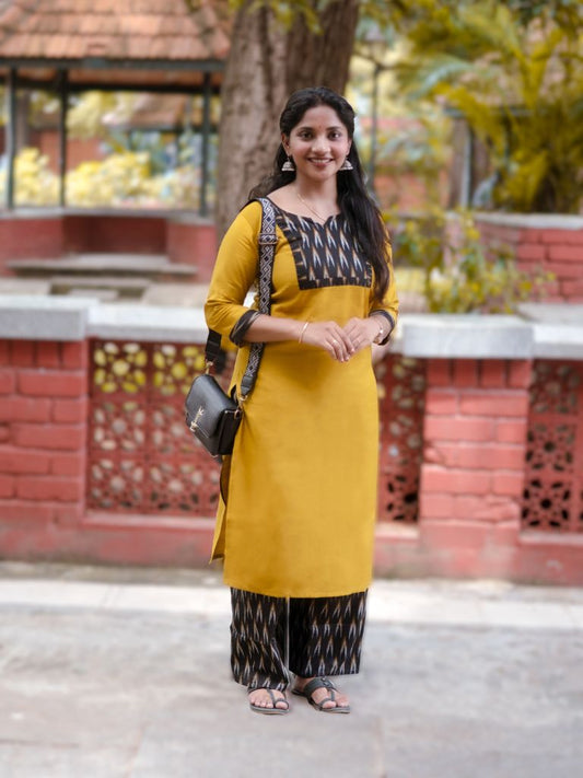 Akshara mustard with ikat back plalazzo pant